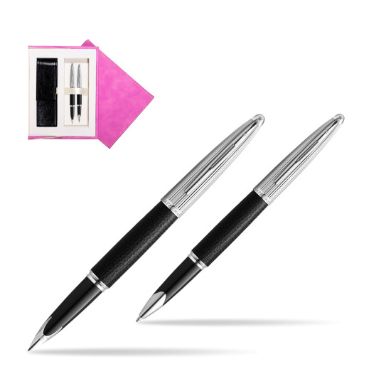 Waterman Carene Leather Black CT Penna Stilografica + Waterman Carene Leather Black CT RollerPenna a Sfera in gift box in suede box fuchsia