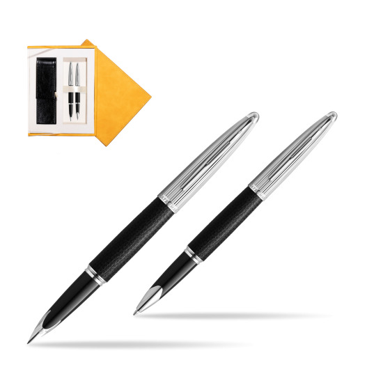 Waterman Carene Leather Black CT Penna Stilografica + Waterman Carene Leather Black CT RollerPenna a Sfera in gift box in suede box yellow