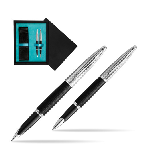 Waterman Carene Leather Black CT Penna Stilografica + Waterman Carene Leather Black CT RollerPenna a Sfera in gift box in double wooden box Black Double Turquoise