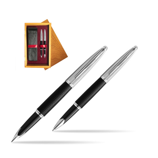 Waterman Carene Leather Black CT Penna Stilografica + Waterman Carene Leather Black CT RollerPenna a Sfera in gift box in double wooden box Honey Double Maroon