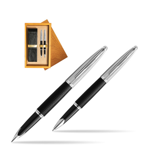 Waterman Carene Leather Black CT Penna Stilografica + Waterman Carene Leather Black CT RollerPenna a Sfera in gift box in double wooden box Honey Double Ecru