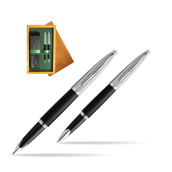 Waterman Carene Leather Black CT Penna Stilografica + Waterman Carene Leather Black CT RollerPenna a Sfera in gift box in double wooden box Honey Green