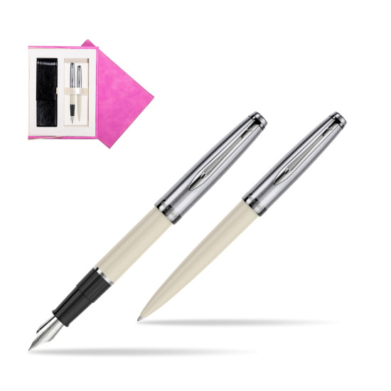 Waterman Embleme Ecru CT Penna Stilografica + Waterman Embleme Ecru CT Penna a Sfera in confezione regalo in suede box fuchsia