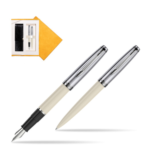 Waterman Embleme Ecru CT Penna Stilografica + Waterman Embleme Ecru CT Penna a Sfera in confezione regalo in suede box yellow