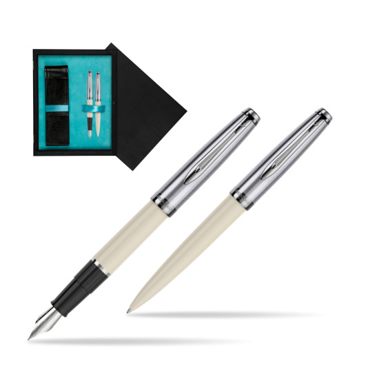Waterman Embleme Ecru CT Penna Stilografica + Waterman Embleme Ecru CT Penna a Sfera in confezione regalo in double wooden box Black Double Turquoise