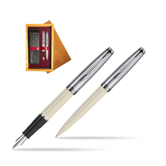 Waterman Embleme Ecru CT Penna Stilografica + Waterman Embleme Ecru CT Penna a Sfera in confezione regalo in double wooden box Honey Double Maroon