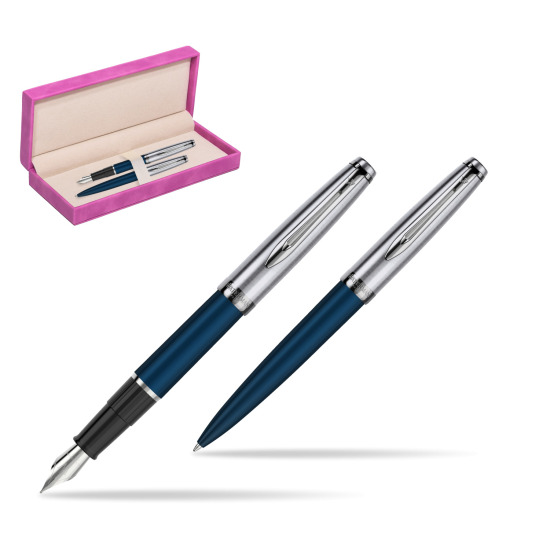 Fountain + Ballpoint Pen Gift Set Waterman Embleme Navy Blue in suede box fuchsia