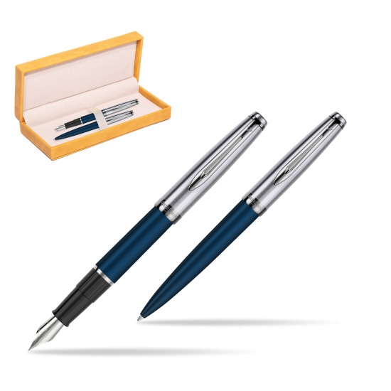 Fountain + Ballpoint Pen Gift Set Waterman Embleme Navy Blue in suede box yellow