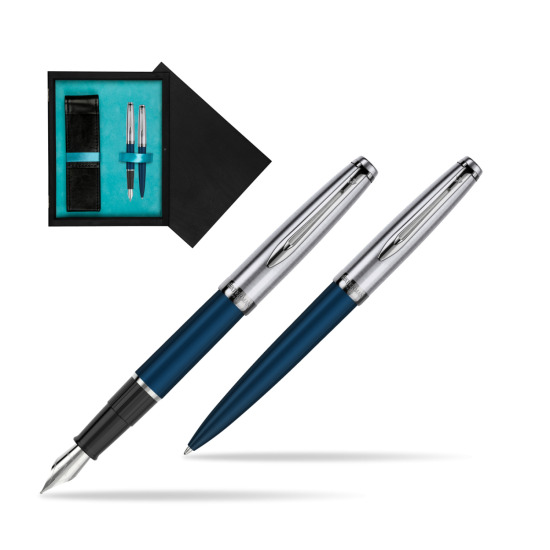 Fountain + Ballpoint Pen Gift Set Waterman Embleme Navy Blue in double wooden box Black Double Turquoise