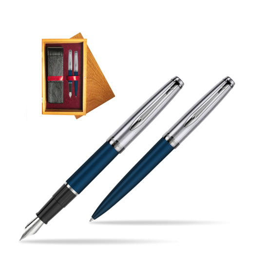 Fountain + Ballpoint Pen Gift Set Waterman Embleme Navy Blue in double wooden box Honey Double Maroon