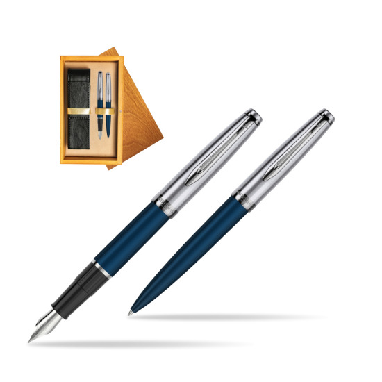 Fountain + Ballpoint Pen Gift Set Waterman Embleme Navy Blue in double wooden box Honey Double Ecru