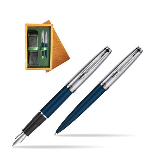 Fountain + Ballpoint Pen Gift Set Waterman Embleme Navy Blue in double wooden box Honey Green