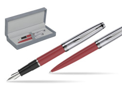 Waterman Embleme Red CT Fountain Pen + Waterman Embleme Red CT Ballpoint Pen in gift box in suede box grey