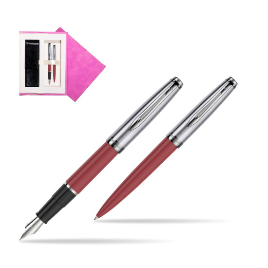 Waterman Embleme Red CT Fountain Pen + Waterman Embleme Red CT Ballpoint Pen in gift box in suede box fuchsia