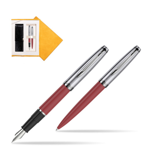 Waterman Embleme Red CT Fountain Pen + Waterman Embleme Red CT Ballpoint Pen in gift box in suede box yellow