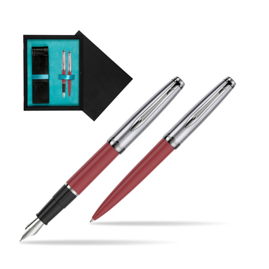 Waterman Embleme Red CT Fountain Pen + Waterman Embleme Red CT Ballpoint Pen in gift box in double wooden box Black Double Turquoise