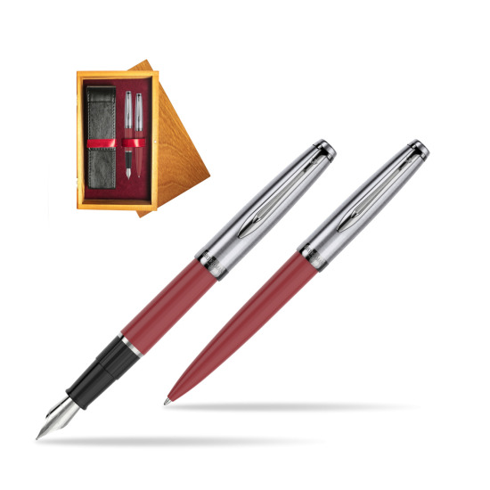 Waterman Embleme Red CT Fountain Pen + Waterman Embleme Red CT Ballpoint Pen in gift box in double wooden box Honey Double Maroon