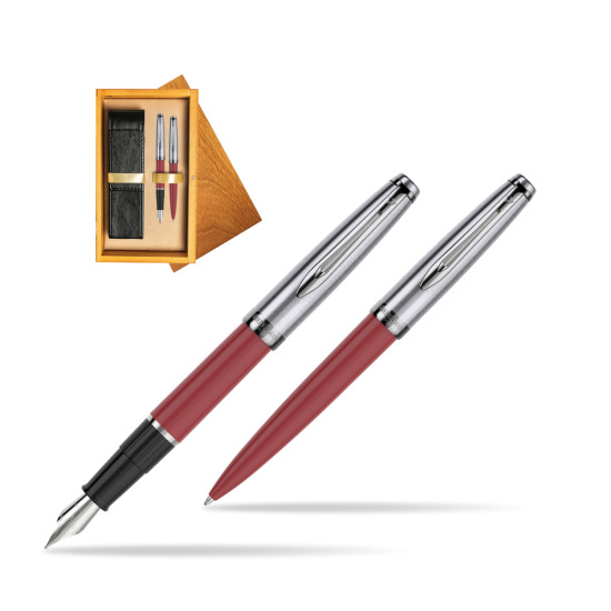 Waterman Embleme Red CT Fountain Pen + Waterman Embleme Red CT Ballpoint Pen in gift box in double wooden box Honey Double Ecru
