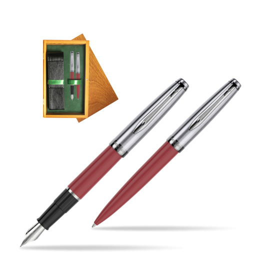 Waterman Embleme Red CT Fountain Pen + Waterman Embleme Red CT Ballpoint Pen in gift box in double wooden box Honey Green