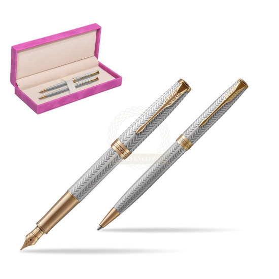 Parker Sonnet Fougère GT Penna Stilografica + Penna Pen in a Gift Box in suede box fuchsia