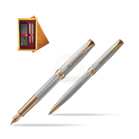 Parker Sonnet Fougère GT Penna Stilografica + Penna Pen in a Gift Box in double wooden box Honey Double Maroon
