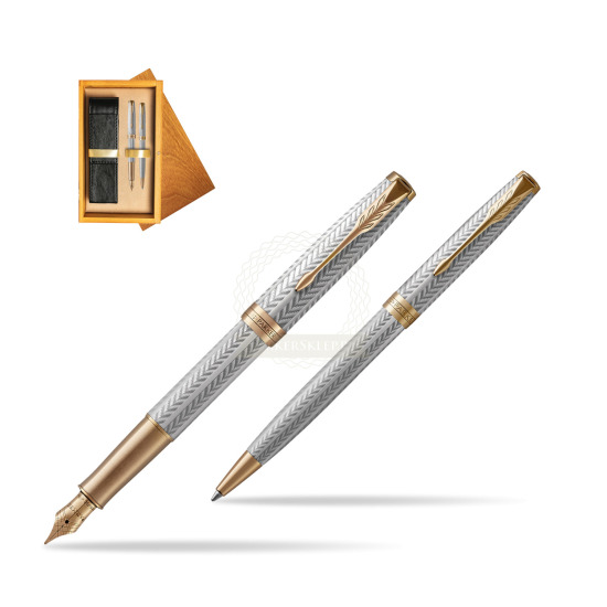 Parker Sonnet Fougère GT Penna Stilografica + Penna Pen in a Gift Box in double wooden box Honey Double Ecru