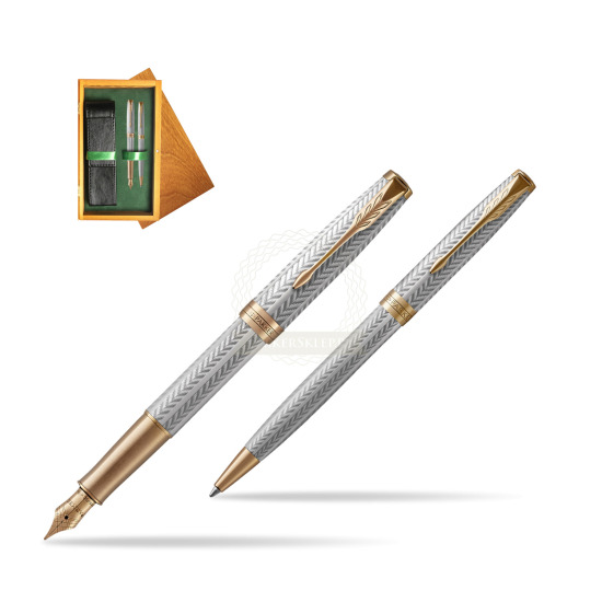 Parker Sonnet Fougère GT Penna Stilografica + Penna Pen in a Gift Box in double wooden box Honey Green