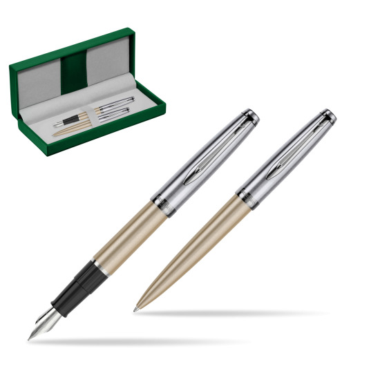 Waterman Embleme Metallic Glod CT Stylo-plume + Waterman Embleme Metallic Gold CT Stylo à bille in gift box in the green leather box