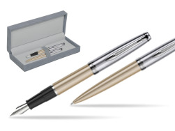 Waterman Embleme Metallic Glod CT Penna Stilografica + Waterman Embleme Metallic Gold CT Penna a Sfera in gift box in suede box grey