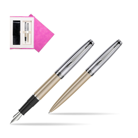 Waterman Embleme Metallic Glod CT Penna Stilografica + Waterman Embleme Metallic Gold CT Penna a Sfera in gift box in suede box fuchsia
