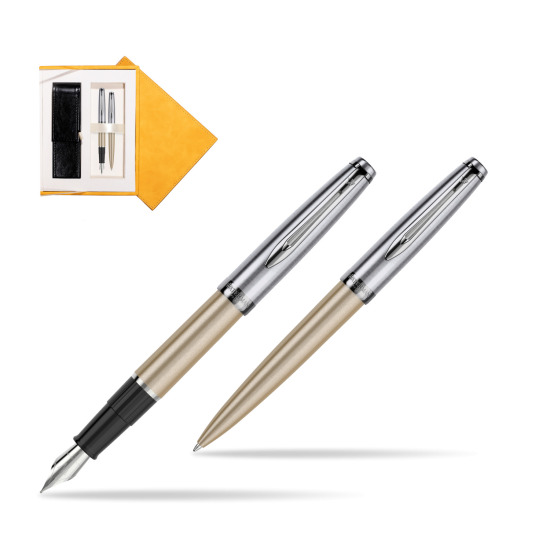 Waterman Embleme Metallic Glod CT Penna Stilografica + Waterman Embleme Metallic Gold CT Penna a Sfera in gift box in suede box yellow