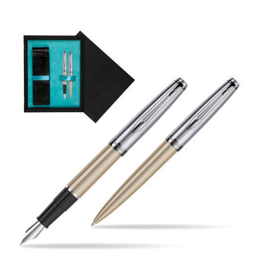 Waterman Embleme Metallic Glod CT Penna Stilografica + Waterman Embleme Metallic Gold CT Penna a Sfera in gift box in double wooden box Black Double Turquoise