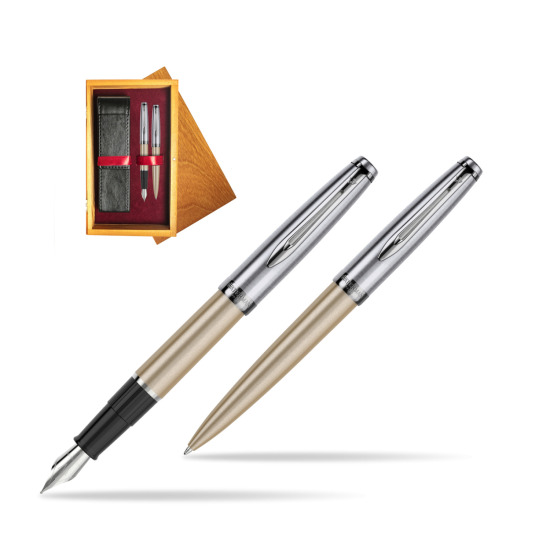 Waterman Embleme Metallic Glod CT Penna Stilografica + Waterman Embleme Metallic Gold CT Penna a Sfera in gift box in double wooden box Honey Double Maroon