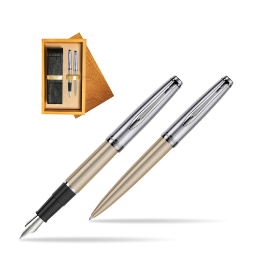 Waterman Embleme Metallic Glod CT Penna Stilografica + Waterman Embleme Metallic Gold CT Penna a Sfera in gift box in double wooden box Honey Double Ecru