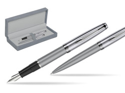 Waterman Embleme Metallic Gray CT Penna Stilografica + Waterman Embleme Metallic Gray CT Penna a Sfera in gift box in suede box grey