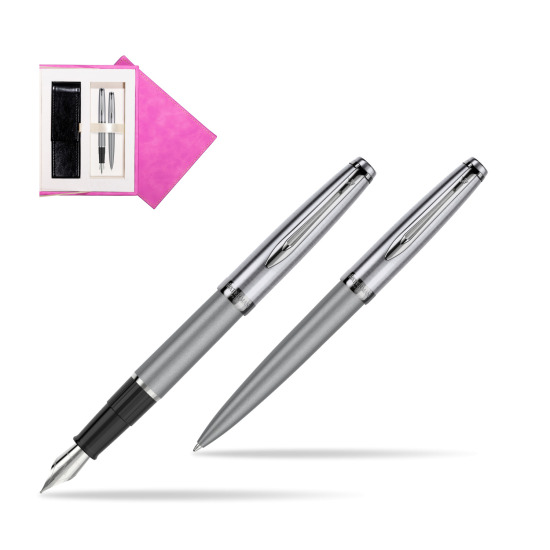 Waterman Embleme Metallic Gray CT Penna Stilografica + Waterman Embleme Metallic Gray CT Penna a Sfera in gift box in suede box fuchsia