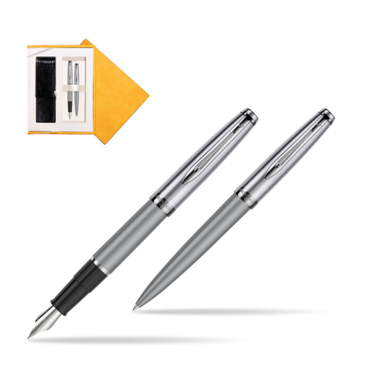 Waterman Embleme Metallic Gray CT Penna Stilografica + Waterman Embleme Metallic Gray CT Penna a Sfera in gift box in suede box yellow