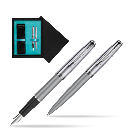 Waterman Embleme Metallic Gray CT Penna Stilografica + Waterman Embleme Metallic Gray CT Penna a Sfera in gift box in double wooden box Black Double Turquoise
