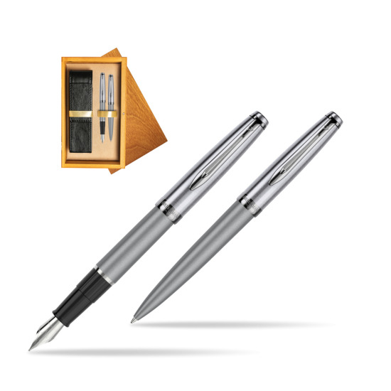 Waterman Embleme Metallic Gray CT Penna Stilografica + Waterman Embleme Metallic Gray CT Penna a Sfera in gift box in double wooden box Honey Double Ecru