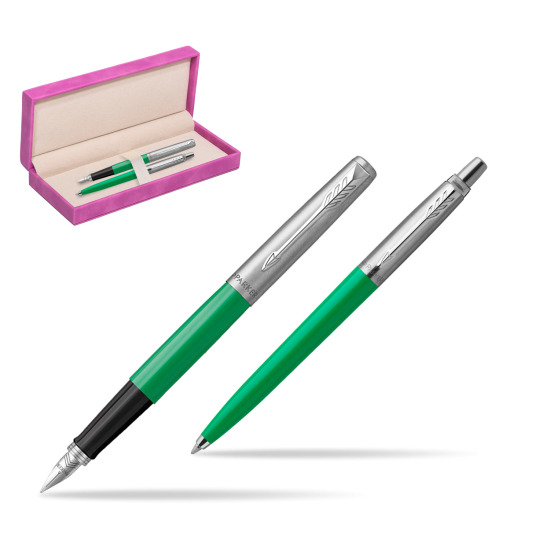 Parker Jotter Originals Green CT Fountain Pen + Ballpoint Pen in a Gift Box in suede box fuchsia