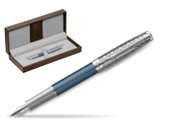 Sonnet Premium Metal & Blue CT Fountain Pen in the brown leather box