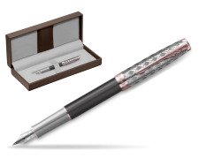 Sonnet Premium Metal & Gray PGT Fountain Pen in the brown leather box