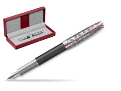 Sonnet Premium Metal & Gray PGT Fountain Pen in the red leather box