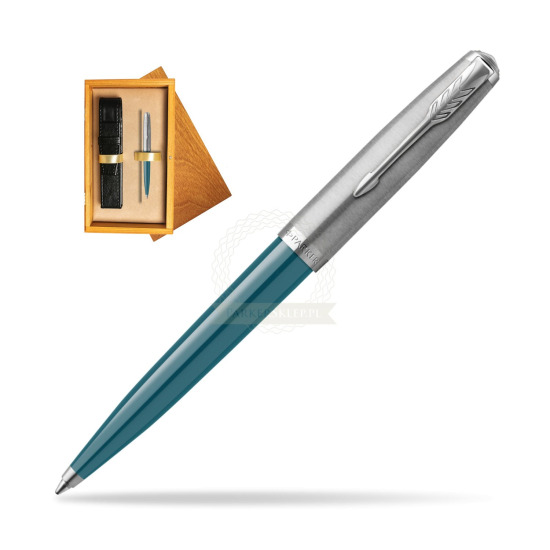 Parker 51 Teal Blue CT ballpoint pen in single wooden box Honey Single Ecru