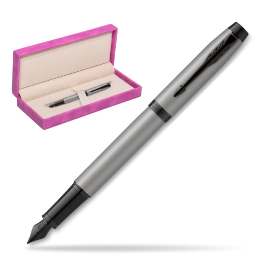 IM Achromatic Gray Fountain Pen in suede box fuchsia