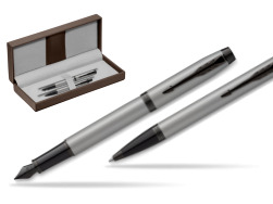 Parker IM Achromatic Grey Stylo-plume + Stylo-bille in a Gift Box in the brown leather box