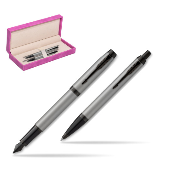Parker IM Achromatic Grey Penna Stilografica +  Penna a Sfera Set regalo in suede box fuchsia