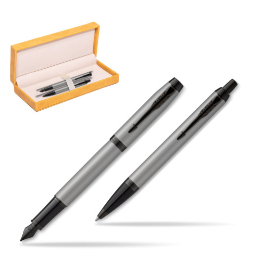 Parker IM Achromatic Grey Penna Stilografica +  Penna a Sfera Set regalo in suede box yellow