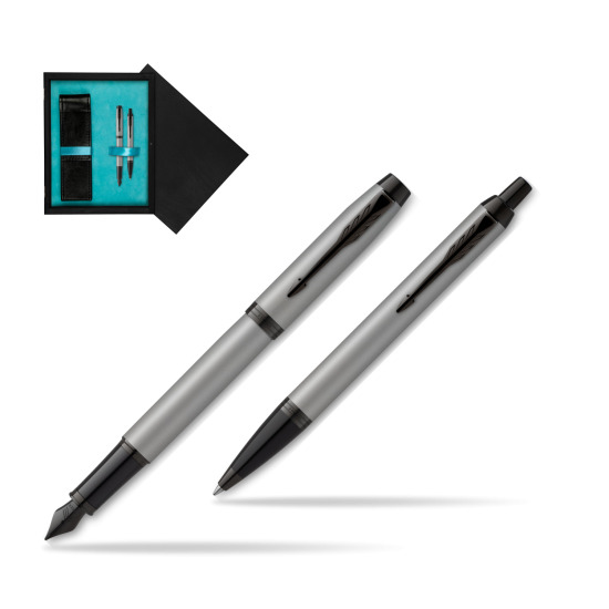 Parker IM Achromatic Grey Penna Stilografica +  Penna a Sfera Set regalo in double wooden box Black Double Turquoise