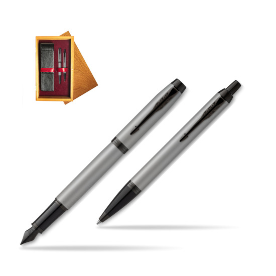 Parker IM Achromatic Grey Penna Stilografica +  Penna a Sfera Set regalo in double wooden box Honey Double Maroon